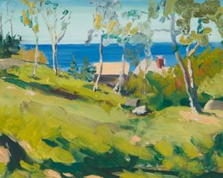 1205 David Kasman (b. 1962) "Monhegan Island, Maine," 2007 Oil on canvasboard With the incised signature lower left: Kasman; signed again, titled, dated "2007," and inscribed "Painted on Monhegan Island, Maine" verso 12 x 16in Estimate: $300 - $500