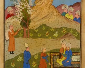 1364 A double-sided Persian miniature painting Depicting turbaned figures in a landscape reversed by an unfinished painting of a female nude Ink on paper Sight: 10 x 6 3/4in Estimate: $100 - $200