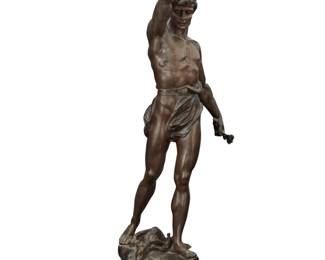 1077 After Marcel Debut (1865-1933) "Aladdin and the Magic Lamp," modeled circa 1890 Patinated bronze on marble plinth Signed in the casting: Marcel Debut Bronze: 26.5" H x 9.5" W x 10.5" D; Overall: 27.75" H x 10" W x 10.5" D Estimate: $300 - $500
