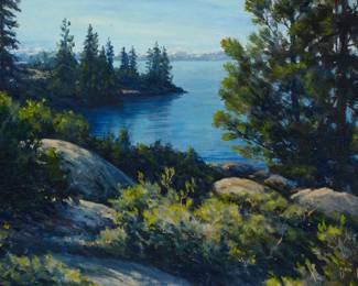 1203 Don Miles (1912-1990) "Blue Tahoe," 1975 Oil on Masonite Signed lower right: Don Miles ©; titled and dated "10-'75," verso 16 x 24in Estimate: $200 - $300