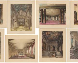 1035 Eight plates from "The History of the Royal Residences of Windsor Castle, St. James's Palace, Carlton House, Kensington Palace, Hampton Court, Buckingham House, and Frogmore," by William Henry Pyne, published 1819 Eight works: Each: Aquatint with hand-coloring on wove paper Each from the edition of unknown size, after drawings by C. Wild, J. Stephanoff, or R. Cattermole; engraved by R. Reeve, W. J. Bennett, D. Havell, or T. Sutherland; each plate with the title, as well as the name of the individual artist and the individual engraver printed in the plate below the image; the various plates printed 1816-1819; A. Dry, London, England, pub. Plate of one: 12 3/8 x 10in; Sight of one: 13 x 10 7/8in Estimate: $300 - $500