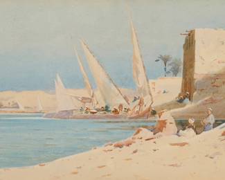 1141 Augustus Lamplough (1877-1930) "Along the Nile River" Watercolor on paper Signed and indistinctly dated lower left: A. Lamplough; titled by repute Sight: 9 1/4 x 17 1/4in Estimate: $400 - $600