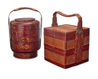 1261 Two Chinese lunch baskets Late Qing Dynasty (1644-1912) or later Each two-compartment stacking basket with carved wood and woven reed handle, comprising a round basket painted with foliate motifs and a square basket with woven panels 2 pieces Round: 16.25" H x 10.625" W x 9.375" D; Square: 15.125" H x 11.25" W x 10.25" D Estimate: $300 - $500