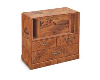 1345 A Japanese marquetry display cabinet 19th/20th century With various drawers and a sliding tambour door compartment, decorated with inlaid geometric motifs and a lake scene 11.625" H x 11.5" W x 6" D Estimate: $300 - $500