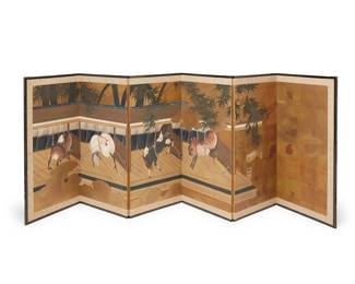 1342 A Japanese six panel byobu screen 20th century The painted and gilt rice paper screen in a wood frame, each panel coming together to depict horses in a stable, within a gold-toned fabric border Outer panels: 36 x 18.25 x 0.625in; Stored: 4.125in Estimate: $700 - $900