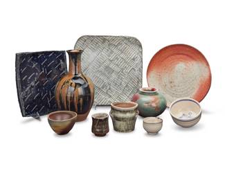 1361 A collection of ten Japanese studio stoneware items Mid/late 20th century Most variously impressed or incised for maker Comprising various glazed cups, vases, trays, and plates 10 pieces Largest plate: 11.75" W x 11.5" D; Tallest: 10.25" H x 5.875" Dia.; Smallest: 1.875" H x 2.625" Dia. Estimate: $300 - $500