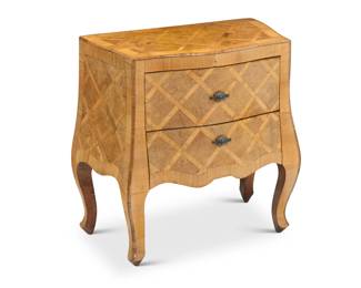 1194 A small Louis XV style parquetry commode Late 20th century With shaped front, burlwood veneer, and two drawers with foliate-form pulls 19.5" H x 20.5" W x 11.75" D Estimate: $200 - $400
