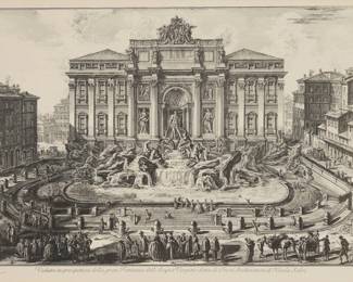 1037 After Giovanni Battista Piranesi (1720-1778) "The Trevi Fountain in Rome" Reproduction print on wove paper From the edition of unknown size and date The artist's name, and inscription as part of the image: "Cavalier Piranesi F. / Veduta in prospettiva della gran Fontana dell'Acqua Vergine detta di Trevi Architettura di Nicola Salvi" Image: 19 x 27 1/2in; Sight: 19 1/2 x 28 5/8in Estimate: $200 - $300