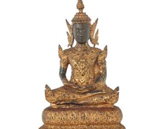 1335 A Burmo Thai gilt metal Buddha figure Rattanakosin Period (1782-1932) With hands in dhyana mudra, seated on a tiered base 13.625" H x 7.5" W x 4.25" D Estimate: $300 - $500