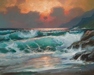 1016 Alex Dzigurski (1911-1995) "Sunset Surf" Oil on canvas Signed lower right: A. Dzigurski; the artist's copyright ink stamp, verso; titled (likely in another hand) on a slip of paper taped to the verso 14 x 18in Estimate: $700 - $1,000