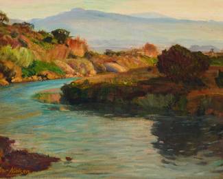 1163 Peter Nielsen (1873-1965) A river near foothills Oil on canvas Signed lower left: Peter Nielsen; signed again on the verso 14 x 18in Estimate: $600 - $800