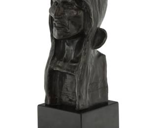 1078 After Frederic Remington (1861-1909) "The Savage," modeled 1908 Patinated bronze on stone plinth Signed and dated in the casting: Frederic Remington / 1908; signed again and inscribed: Copyright by / Frederic Remington Bronze: 10.625" H x 5.5" W x 5.375" D; Overall: 13.75" H Estimate: $200 - $400