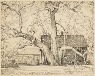 1224 Cornelis Botke (1887-1954) "Sycamore" Etching on paper Edition: 11/50 (2nd edition), printed later Estate signed and indistinctly initialed by the artist's son, William "Bill" Botke, in pencil in the lower margin: Cornelis Botke / WB; also titled, inscribed and numbered, "2nd Ed 11/50," in pencil in the lower margin; produced by Cornelis Botke's granddaughter Plate: 12 1/42 x 15 3/4in; Sight: 13 x 16 1/4in Estimate: $400 - $600