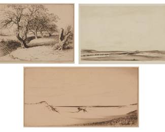 1234 Kerr Eby (1889-1946) Three works: "The Old Orchard" Etching on paper From the edition of unknown size and date Signed and inscribed in pencil in the lower margin: Kerr Eby imp. Plate: 7 x 9.25in; Sight: 7 1/2 x 9 1/2in "Salisbury Plains," 1929 Etching on paper From the edition of 90 Signed and inscribed in pencil in the lower margin: Kerr Eby imp. / "Ed 90" Plate: 7 x 11in; Sight: 8 3/4 x 11 1/2in "Sand and Sea," 1921 Etching on paper From the edition of unknown size Signed and inscribed in pencil in the lower margin: Kerr Eby imp. Plate: 7 x 13 1/2in; Sight: 7 1/4 x 13 3/4in Estimate: $300 - $500