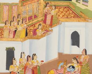 1363 19th/Early 20th Century Indian Miniature Painting Depicting Hindu deities and figures in an interior courtyard Ink and gold leaf on paper Appears unsigned Sight: 6 3/4 x 5 1/4in Estimate: $200 - $300