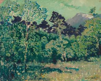 1087 William Henry Singer, Jr. (1868-1943) Verdant landscape Oil on panel Signed lower left: W. H. Singer Jr; dedicated in another hand, verso 13 x 16 1/8in Estimate: $600 - $800