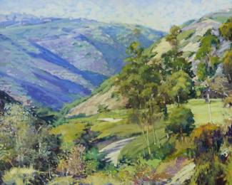 1179 Jeff Yeomans (20th/21st Century) "Aliso Creek Morning (Golfing with Mr. Payne)," 2009 Oil on canvas Signed faintly along the lower center: J. Yeomans; signed again, dated "2009," and inscribed, verso: "Signed/ on/ mid right/course / This canvas has a 2nd / painting. Underneath this view / of Crystal Cove/Newport Coast / is a view of La Jolla / from above Scripps Pier. / It was painted in a / hurry to hang a Lupi my friend / Rafael's Bird Rock restaurant."; titled on an exhibition label affixed to the frame's verso with an alternative title on the verso 24 x 30in Estimate: $500 - $700