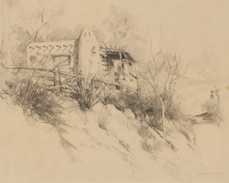 1231 Orrin White (1883-1969) Hillside adobe home Pencil on paper Signed in pencil lower right: Orrin White Sight: 12 3/8 x 15 3/4in Estimate: $600 - $800