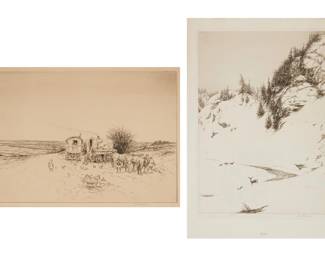 1233 Kerr Eby (1889-1946) Two works: "Gypsies, Epsom Downs," 1925-26 Etching on laid paper, watermark Van Gelder Zonen From the edition of unknown size Signed and inscribed in pencil in the lower margin: Kerr Eby imp. Plate: 8 7/8 x 13in; Sheet: 10 1/4 x 17 1/2in "North Country," 1929 Etching on laid paper From the edition of 90 Signed and inscribed in pencil, in the lower margin: Kerr Eby imp. / "Ed 90" Plate: 12 1/4 x 9in; Sheet: 14 7/8 x 10 5/8in Estimate: $300 - $500
