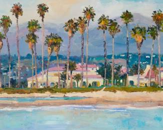 1393 G. Eric Slayton (b. 1945) "Postcard from Santa Barbara" Oil on canvas Signed lower left: Slayton; signed "© G. Eric Salyton" and titled verso 16 x 36in Estimate: $300 - $500