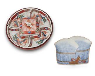 1323 An assembled group of Japanese ceramics Mid/late 20th century One reading "Kutani" to base Comprising a lidded porcelain box with high relief floral lid, painted with geometric motifs, the interior centered by bird and tree ornament (2" H x 3.75" W x 3.75" D), four conformingly decorated small sauce trays (1" H x 6" W x 3.25" D) contained within a lacquered wood tray (9" Dia.), and a small glazed and gilt porcelain plate depicting a forest and a gourd (1.625" H x 6.875" W x 5.625" D) 7 pieces Estimate: $200 - $300