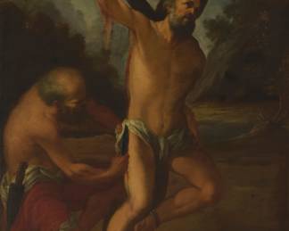 1249 After Jusepe de Ribera (1591-1652) Martyrdom of Saint Bartholomew Oil on canvas laid to canvas Appears unsigned 58 x 40in Estimate: $500 - $700