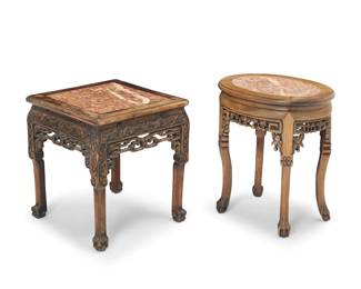 1320 Two Chinese carved hardwood and marble low tables 20th century Comprising one oval and one square, each with inset marble top and openwork apron, raised on ball and claw feet 2 pieces Square: 18.75" H x 17" W x 17" D; Oval: 20.25" H x 18" W x 13.75" D Estimate: $400 - $600