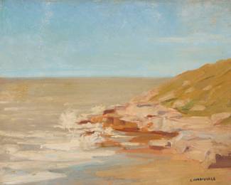 1169 Luis Adolfo Cordiviola (1892-1967) "Playa Grande" 1926 Oil on board Signed lower right: L. Cordiviola; titled, dated, and inscribed verso "Playa Grande / Piar. [sic?] del Plata 1926 / 50"; titled and dated again on the frame plaque 10 3/4 x 13 1/2in Estimate: $300 - $500
