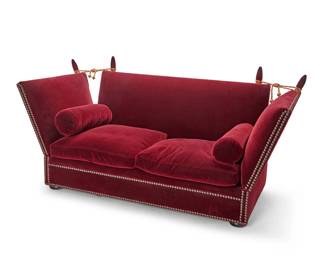1105 A George Smith velvet 'Tiplady Knole' sofa Late 20th century With metal tag: GEORGE SMITH / HANDMADE BY CRAFTSMEN / NEWCASTLE ENGLAND With brass tacking and cording, raised on bun feet Stored: 45.25" H x 92" W x 42" D Estimate: $700 - $900