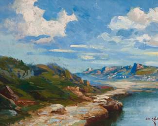 1143 John Edmund Califano (1862-1946) Inlet with view of a distant town under a cloudy sky Oil on canvas Signed lower right: J.E. Califano 14 x 20in Estimate: $400 - $600