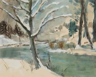 1172 Ernst Huber (1895-1960) Snowy landscape Watercolor and gouache on paper Signed lower right: E. Huber Sight: 18.75 x 23.5in Estimate: $600 - $800