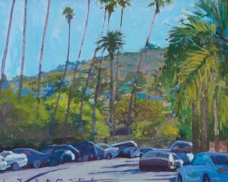 1396 Jeff Yeomans (20th/21st Century) "Palms on Prospect," 2009 Oil on canvas mounted to artist's board Signed lower left: J. Yeomans; signed again, titled, and dated "2009," verso 12 x 16in Estimate: $200 - $400