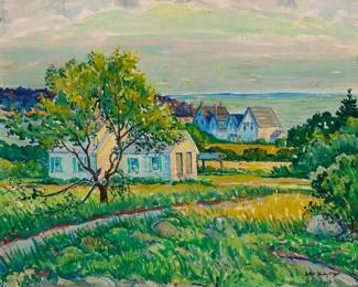 1170 Ethan Stanley Hader (1889-1973) Seascape village Oil on canvasboard Stamped signature lower right: Ethan Stanley Hader; with the artist's estate stamps verso 16 x 20in Estimate: $500 - $700