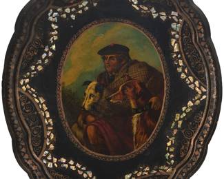 1104 A Victorian papier-mâché table top Mid/late 19th century Unmarked As a wall panel, with mother of pearl on a black lacquered ground, centered by a portrait of a Scotsman with two hounds Image: 13.875" H x 10.625" W; Overall: 27.5" H x 23" W x 1" D Estimate: $400 - $600