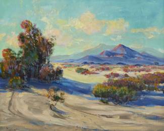 1212 James Merriam (1880-1951) Desert landscape Oil on canvas laid to waxed canvas Signed lower left: Merriam 20 1/8 x 24 1/8in Estimate: $400 - $600