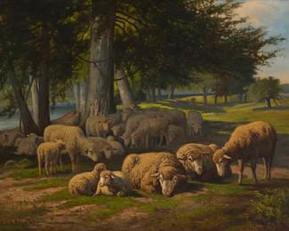 1133 Frank Selzer (1849-1916) Sheep finding shade under a tree, 1891 Oil on canvas Signed and dated lower left: F. Selzer. 1891 14 1/4 x 20 1/4in Estimate: $500 - $700