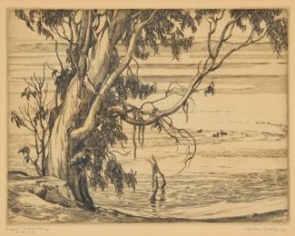 1227 Cornelis Botke (1887-1954) "Lagoon, Morro Bay" Etching on paper Edition: 2/50 (2nd edition) Estate signed and indistinctly initialed by the artist's son, William "Bill" Botke, in pencil in the lower margin: Cornelis Botke / WB; also titled, inscribed and numbered, "2nd Ed 2/50," in pencil in the lower margin; produced by Cornelis Botke's granddaughter Plate: 7 x 9in; Sight: 7 3/4 in. x 9 1/2in Estimate: $300 - $500