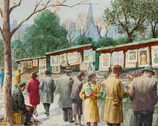 1377 Henry Gasser (1909-1981) "Paris Bookstalls" Watercolor on paper Signed and inscribed lower left: H. Gasser / "Paris"; signed again and titled in pencil on the frame's backing board Sight: 7 1/2 x 9 1/2in Estimate: $500 - $700