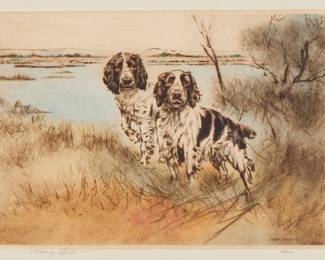 1238 Henry Wilkinson (1921-2011) Two springer spaniels Etching and drypoint in brown ink with hand-coloring on paper Edition: 131/250 Signed, dated, and numbered in pencil in the lower margin: Henry Wilkinson Plate: 9 5/8 x 14in; Sight: 10 5/8 x 14 5/8in Estimate: $100 - $200