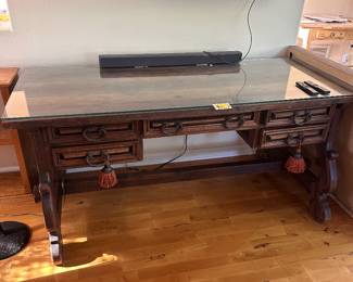 Spanish Library Table Desk w/Glass