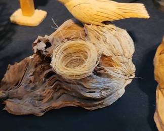 Hand Carved Wood Bird Nest Sculpture on Driftwood