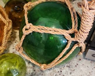 Vintage Japanese Green Glass Fishing Float with Rope Netting