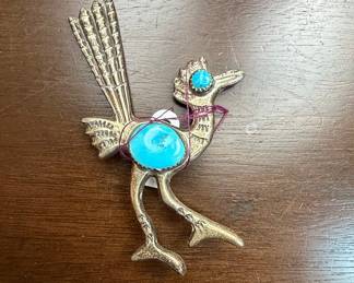 Vintage Sterling Silver Roadrunner Pin with Turquoise