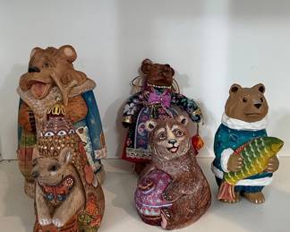 G. DeBrekht Hand-Carved and Painted Bear and Hedgehog Figurines