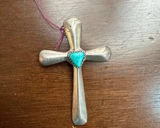Vintage Native American Sterling Silver and Turquoise Sandcast Cross Pendant