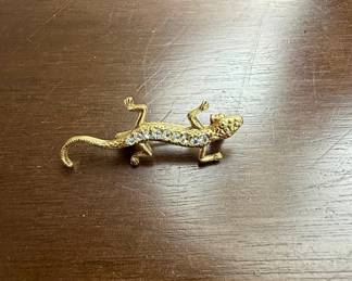 Gold-Tone Rhinestone Lizard Brooch