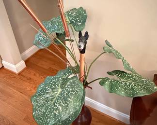 Speckled Caladium Plant in Ceramic Vase with Copper Rods and Dog Figurine