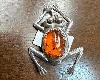 Sterling Silver and Baltic Amber Frog Brooch