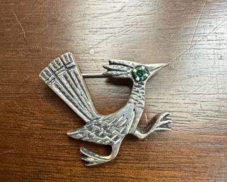 Vintage Sterling Silver Roadrunner Brooch with Green Stone by James Avery