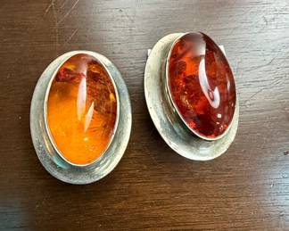 Pair of Baltic Amber and Sterling Silver Pendants/Brooches